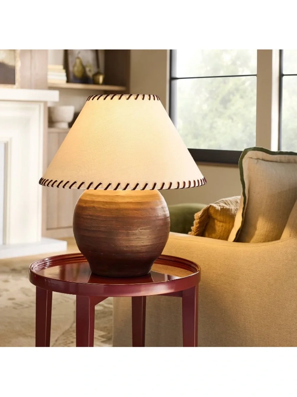 Studio McGee Brown Ceramic Table Lamp with Cream Whipstitch Shade